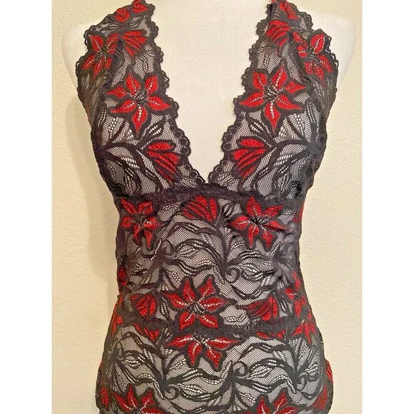 Fredericks of Hollywood Lace Halter Top Y2K Black & Red Floral Size M - Picture 2 of 4
